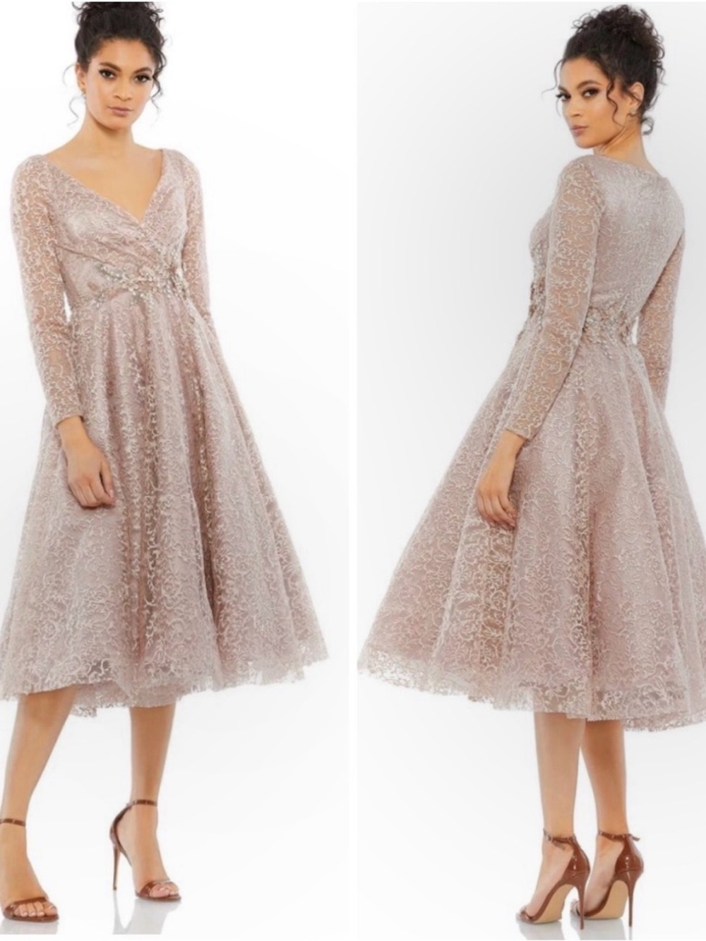 MAC DUGGAL Long Sleeve Tea Length Dress Lace Embroidered Beads Flowers Size 6 - Picture 13 of 13